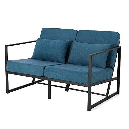 Mingone 2 Sitzer Sofa Couch Klein Gepolsterter Sofa mit Leinen Stoff Couch mit Armlehnen Metall für Wohnzimmer Empfang Café Retro, 114 x 72 x 72cm Blau von Mingone