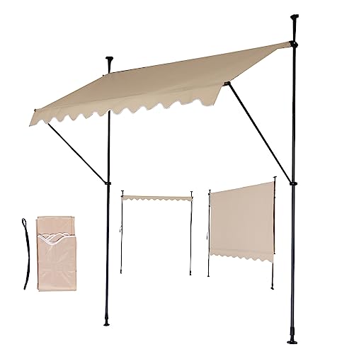 Mingone Klemmmarkise 2m Balkon Markise Wasserdicht Sonnenschutz Balkon ohne Bohren Freistehende Faltmarkise Markise mit Handkurbel, Beige, 200x120cm von Mingone