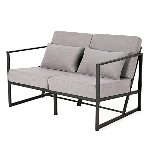 Mingone 2 Sitzer Sofa Klein Couch mit Armlehnen Gepolsterter Sofa mit Leinen Retro Sofa Metall für Wohnzimmer Empfang Café, 114 x 72 x 72cm(Taupe) von Mingone