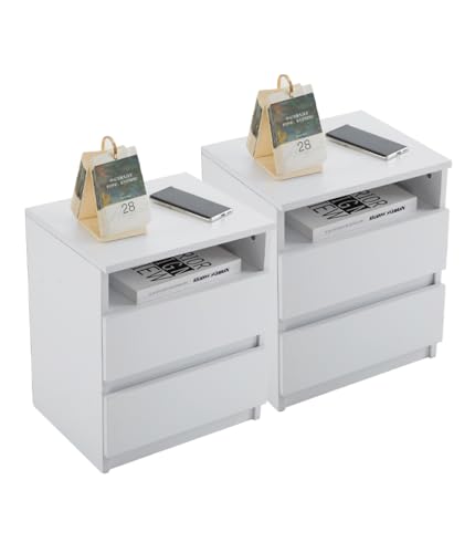 Mingone Nachttisch 2er Set, Modern mit Doppelschubladen, Nachtschrank aus MDF (40×32,5×47 cm), Einfache Montage – für Schlafzimmer, Wohnzimmer & Büro Weiß von Mingone