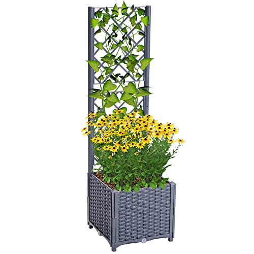 Mingone Kletterpflanzen-Set mit Selbstbewässerung, 40×40×136 cm - Pflanzkübel aus Kunststoff-Rattan inkl. 96 cm Rankgitter, UV-beständig & frostsicher (Graublau) von Mingone