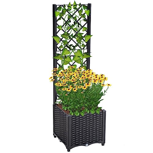 Mingone Kletterpflanzen-Set mit Selbstbewässerung, 40×40×136 cm - Pflanzkübel aus Kunststoff-Rattan inkl. 96 cm Rankgitter, UV-beständig & frostsicher (Schwarz) von Mingone