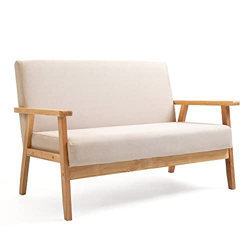 Mingone 2 Sitzer Sofa Gepolsterter Skandinavischer Stil Massivholz Sofa Couch Modern Sessel Holz und Leinenstoff für Wohnzimmer Schlafzimmer Weiß bis 250kg von Mingone