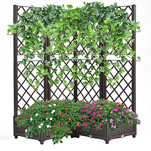 Mingone Rankkasten Hochbeet Pflanzgefäß Garten Terrasse Balkon Pflanzkasten Rankgitter Rankkasten für 4 große Pflanzgefäße mit Selbstbewässerung(Braun 113x40x136cm) von Mingone