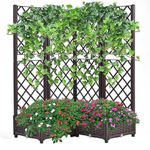 Mingone Hochbeet mit Rankgitter & Selbstbewässerung, 113×40×136 cm - Pflanzkasten für 4 Töpfe, wetterfest & UV-beständig, ideal für Garten/Balkon (Braun) von Mingone