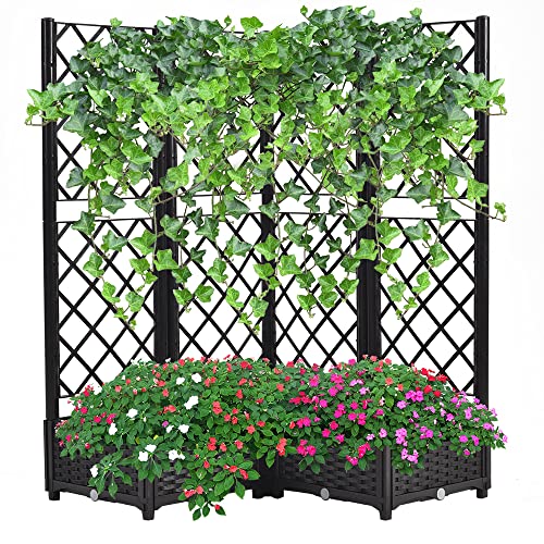 Mingone Hochbeet mit Rankgitter & Selbstbewässerung, 113×40×136 cm - Pflanzkasten für 4 Töpfe, wetterfest & UV-beständig, ideal für Garten/Balkon (Schwarz) von Mingone