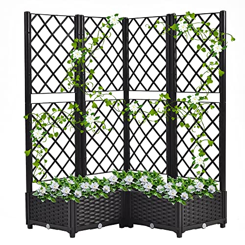 Mingone Rankgitter Hochbeet Pflanzgefäss Blumenkasten mit 3 Pflanzgefäß Wasserspeicher Balkonkasten Rattan Optik für Garten Terrasse 80x80x121cm，Schwarz von Mingone