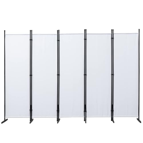 Mingone Raumteiler Trennwand Paravent 5-TLG. Sichtschutz Faltbar mit Metallrahmen Polyester-Mischgewebe für Wohnzimmer, Schlafzimmer, Küche, Büro, Balkon, Garten, Weiß, 250x176cm von Mingone