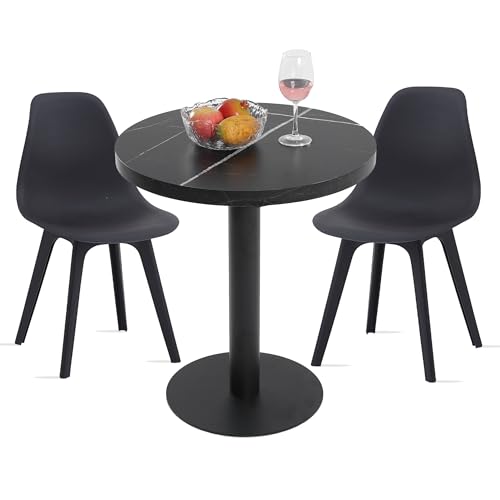 Mingone Runder Esstisch mit 2 Stühlen Essgruppe Set Küchentisch 60cm Kleine Marmor Tisch und Stuhl für Esszimmer Küche Wohnzimmer, Schwarz von Mingone