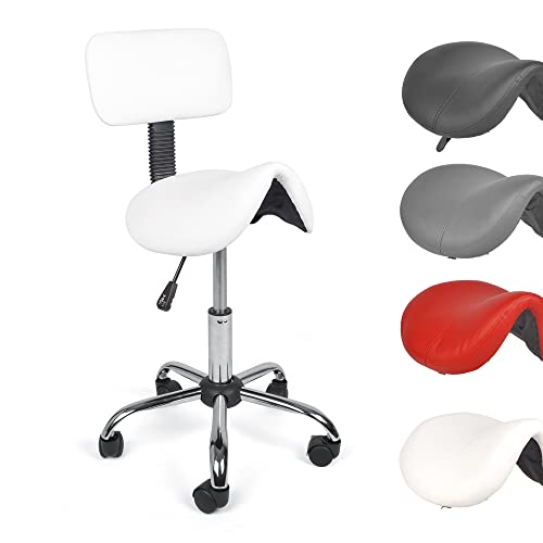 Mingone Sattelhocker Ergonomischer Arbeitshocker 360° Drehbarer Hocker Höhenverstellbarer Bürohocker Sattelstuhl mit Rollen und Rückenlehne, Weiß von Mingone