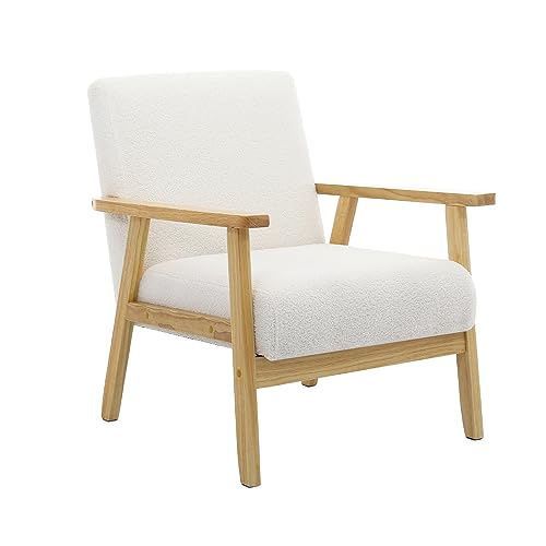 Mingone Sessel Loungesessel Modern Gepolsterter Cocktailsessel Skandinavischer Stil Einzelsofa Holz Ohne Hocker für Wohnzimmer Schlafzimmer Weiß von Mingone