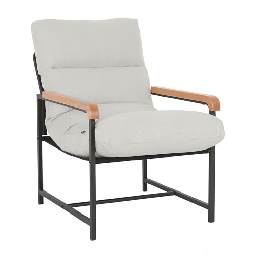 Mingone Sessel Wohnzimmer Stoff Polstersessel Modern Metall Loungesessel mit Holz Armlehnen Stuhl Baumwolle und Leinen Relaxsessel für Schlafzimmer, Weiß von Mingone