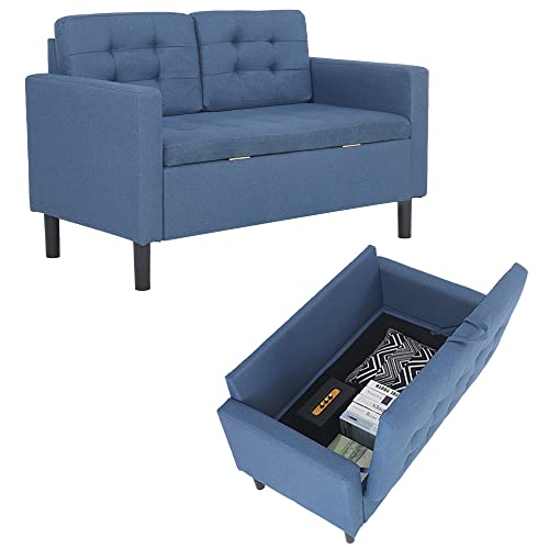 Mingone 2-Sitzer Sofa mit Lehne, Stauraum und Abnehmbarem Kissen - Modernes Leinen Loungesofa für 1-2 Personen, Blau von Mingone
