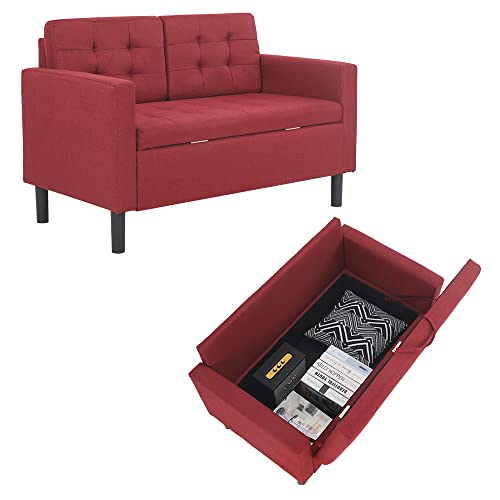 Mingone Sofa 2 Sitzer Sofa mit Stauraum Couch Sessel Sofa mit Lehne und Abnehmbarem Kleines Sofa Modern Design Kissen Leinen Loungesofa für 1-2 Personen，Rot von Mingone