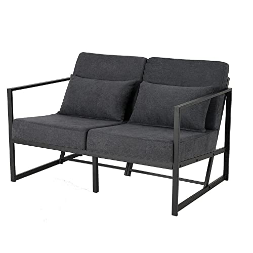 Mingone 2 Sitzer Sofa Dunkelgrau Klein Couch Gepolsterter Sofa mit Leinen Retro mit Armlehnen Metall für Wohnzimmer Empfang Café, 114 x 72 x 72cm von Mingone