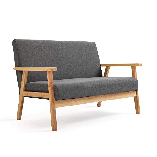 Mingone 2 Sitzer Sofa Gepolsterter Skandinavischer Stil Massivholz Sofa Couch Modern Sessel Holz und Leinenstoff für Wohnzimmer Schlafzimmer Grau bis 250kg von Mingone