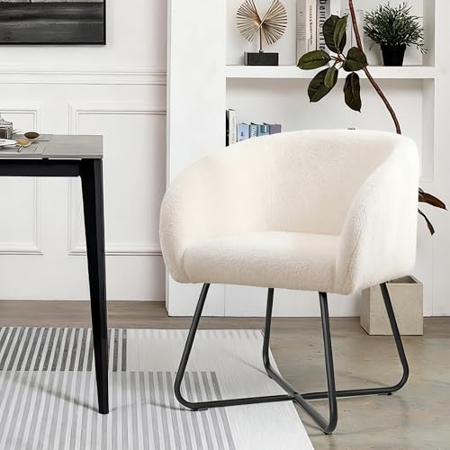 Mingone Weißer Teddy-Flausch Armlehnstuhl – Polsterstuhl für Wohnzimmer, Esszimmer & Schlafzimmer, Schwarz Metallfüße höhenverstellbar, 150 kg Belastbarkeit, 45x45 cm Sitzfläche von Mingone