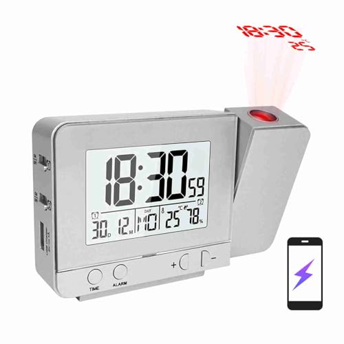 Mingzhe Projektion Wecker Digitaler Deckenuhr mit Thermometer Hygrometer USB -Ladegerät Dual Alarme 12/24H Snooze für Schlafzimmer (Silber) von Mingzhe