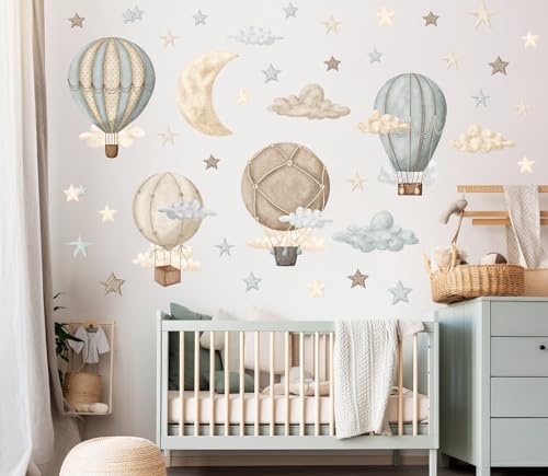 Wandtattoo Heißluftballon Kinderzimmer, Wolken, Mond, Sterne Wandaufkleber Babyzimmer Boho Wandaufkleber Kinderzimmer Mädchen Schlafzimmer Wanddekoration von Mini Dekor