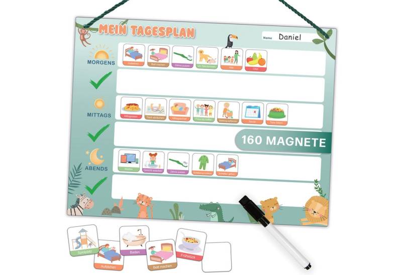 Mini Mindz Magnettafel Tagesplaner Kinder - Montessori Magnettafel mit 160 Magnete & Stift, Mit Kordel - Komplett beschreib- und abwischbar von Mini Mindz