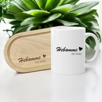 Hebammen-Geschenkset Mit Keramiktasse 330Ml Und Serviertablett Aus Buche, 13x25 cm, Mit Herz Gravur, Danke Geschenk Hebamme von MiniGeschenk