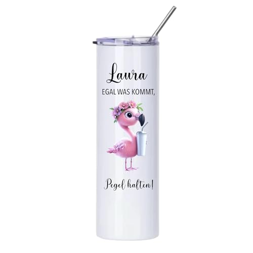 MiniGifts Personalisierter Thermobecher to go Weinbecher Edelstahl Strohhalm 'Mädels Pegel halten' Wunschname Isolierter Becher Aperol Spritz Thermobecher Geschenk Frau Freundin (Flamingo) von MiniGifts