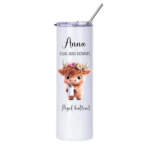 MiniGifts Personalisierter Thermobecher to go Weinbecher Edelstahl Strohhalm 'Mädels Pegel halten' Wunschname Isolierter Becher Aperol Spritz Thermobecher Geschenk Frau Freundin (Kuh) von MiniGifts