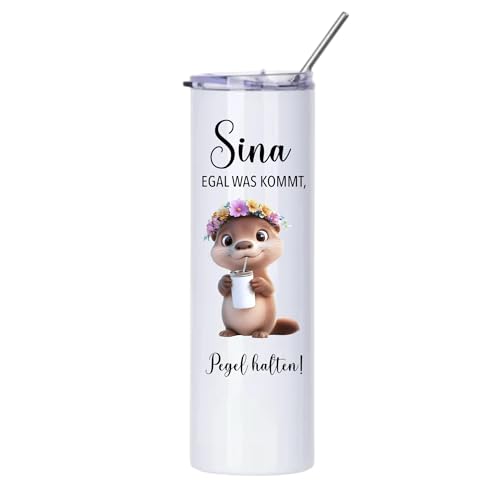 MiniGifts Personalisierter Thermobecher to go Weinbecher Edelstahl Strohhalm 'Mädels Pegel halten' Wunschname Isolierter Becher Aperol Spritz Thermobecher Geschenk Frau Freundin (Otter) von MiniGifts