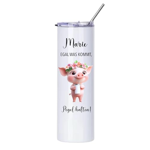 MiniGifts Personalisierter Thermobecher to go Weinbecher Edelstahl Strohhalm 'Mädels Pegel halten' Wunschname Isolierter Becher Aperol Spritz Thermobecher Geschenk Frau Freundin (Schwein) von MiniGifts