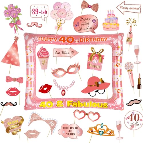 40 Geburtstagsfeier lustige Fotorequisiten, 40. Geburtstag Foto Requisiten 33 Stück Fotobox Accessoires und 1 Stück Photo Frame für Frauen Männer Partys Feste Geburtstagdeko Rosegold von Minicloss