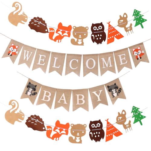 Minicloss Welcome Baby Banner, Vintage Leinen Willkommen Baby Banner, Wald Baby-Dusche Deko Welcome Baby Banner Zubehör für Babyparty, Zuhause Empfang, Baby Shower Dekoartikel Wald Party von Minicloss