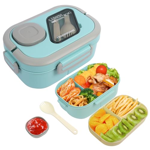 Minicoco Bento-Box, Lunchbox, 1200 ml, doppellagig, 6 Fächer, mit Saucentopf, Besteck-Set, mikrowellengeeignet, Blau von Minicoco