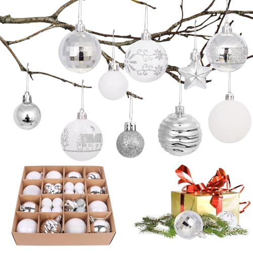 Minicoco Christbaumkugel-Set, 44 Stück, 9 Stile, Weihnachtskugeln, rot und weiß, bruchsicher, Weihnachtskugeln für Weihnachtsbäume, Kranz, Girlande, Dekoration, hängende Kugeln (Silber und Weiß) von Minicoco