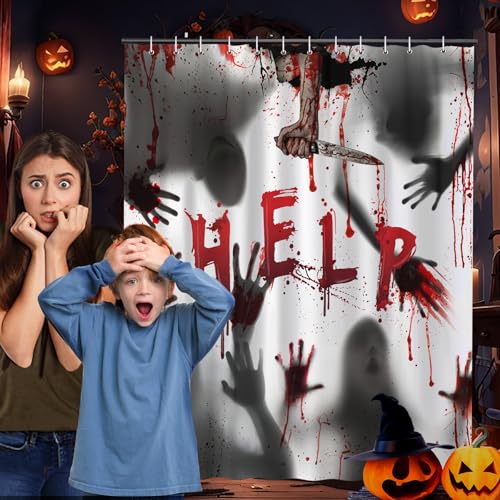 Minicoco Halloween-Duschvorhang, Halloween, gruselig, blutige Hand, Duschvorhang, Polyester, Halloween, Badezimmer-Dekoration, Vorhänge für Halloween mit 12 Haken, 180 x 180 cm, Rot Minicoco Halloween-Duschvorhang, Halloween, gruselig, blutige Hand, Duschvorhang, Polyester, Halloween, Badezimmer-Dekoration, Vorhänge für Halloween mit 12 Haken, 180 x 180 cm, Rot von Minicoco