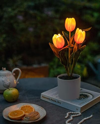 Minidiva Tulpenlampe Künstliche Blumen mit LED-Licht, Simulation Tulpe Nachtlicht mit Vase, Real Touch Tischlampe für Heimdekoration, Hochzeitsarrangements, batteriebetrieben, 12x12x33cm,1 Set, Orange von Minidiva