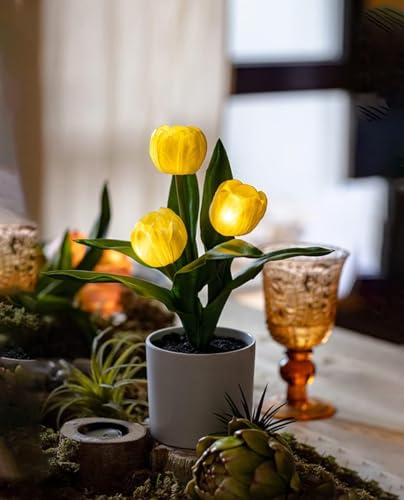 Minidiva Tulpenlampe Künstliche Blumen mit LED-Licht, Simulation Tulpe Nachtlicht mit Vase, Real Touch Tischlampe für Wohnkultur, Hochzeitsarrangements, Geschenk für Party, batteriebetrieben, Gelb von Minidiva