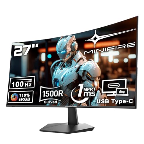 Minifire Curved Monitor 27 Zoll 100Hz, PC Bildschirm mit Lautsprecher -1500R FHD (1920 x 1080p) VA Panel, MPRT 1ms, sRGB110%, Less Blue Light, HDMI 1.4, Type-C 2.5W, unterstützt VESA - Schwarz von Minifire
