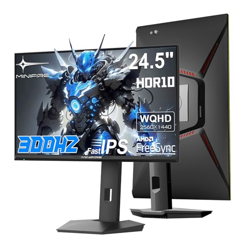 Minifire 24.5 Zoll Gaming Monitor 300Hz IPS WQHD 2560×1440P, 1Ms MPRT, FreeSync, HDR 10, 350 Nits,Höhenverstellbarer vertikal/horizontal drehbarer, 2×DP1.4 2×HDMI 2.1,VESA Support,Blaulichtarmer von Minifire