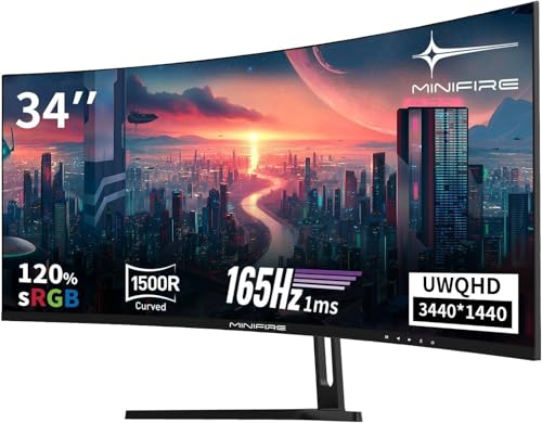 Minifire 34" UWQHD Curved Gaming Monitor 165Hz(DP),3440 x 1440,Curved 1500R,1 ms(MPRT),100Hz(HDMI), AMD FreeSync,VA Panel,2xHDMI 2.1(TMDS)/1xDP 1.4 Ports(MFG34C5Q DP-Kabel im Lieferumfang enthalten) Minifire 34" UWQHD Curved Gaming Monitor 165Hz(DP),3440 x 1440,Curved 1500R,1 ms(MPRT),100Hz(HDMI), AMD FreeSync,VA Panel,2xHDMI 2.1(TMDS)/1xDP 1.4 Ports(MFG34C5Q DP-Kabel im Lieferumfang enthalten) von Minifire