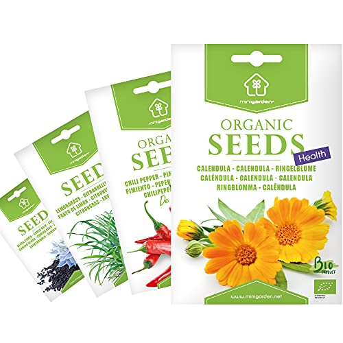 Zertifizierte biologische Samen von Minigarden, Auswahl GESUNDHEIT: Ringelblume, Chilli-Pfeffer "De Cayenne", Schwarzkümmel und Zitronengras von minigarden