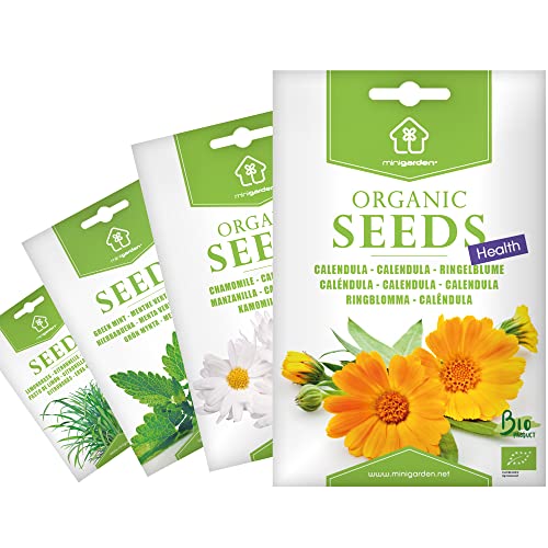 Zertifizierte biologische Samen von Minigarden, 7175+ Bio-Samen, Auswahl "Kräutertees und Aufgüsse": Ringelblume, Kamille, Grüne Minze und Zitronengras von minigarden