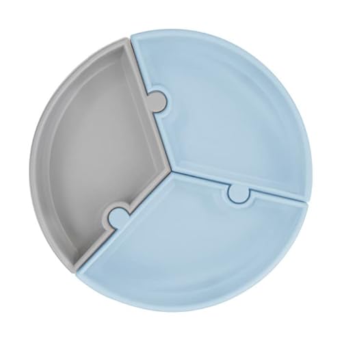MinikOiOi 101050059 Teilbare Puzzle-Platte. Platte mit 3 teilbaren Abschnitten und blauen und grauen Saugnäpfen von Minikoioi