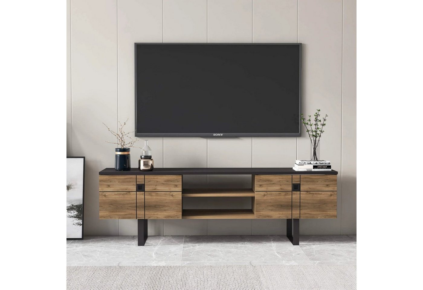 DEMA Home TV-Schrank Paulo TV-Schränke Nussbaum oder Weiß & Schwarz 160 cm x 50 cm x 35cm von DEMA Home