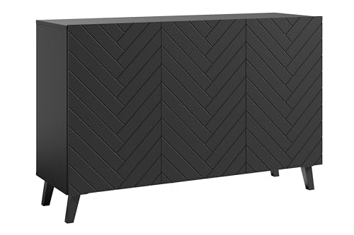 MINIO go for it - Kommode LOKET, 120 cm Breit, Sideboard, Standkommode, Kommode mit 3 Türen, Wohnzimmer, Farbe: Schwarz matt mit Fischgrätenmuster von MINIO go for it