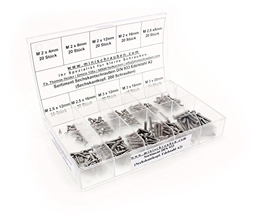 Sortimentskasten mit 200 Stück kleinen Sechskantschrauben nach DIN 933 aus Edelstahl A2 (M2, M2,5 und M3), Sechskantkopf. Minischrauben Sortiment inkl. beschrifteter Box von minischrauben.com