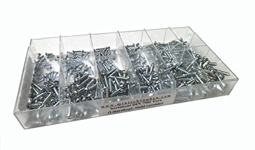 Sortimentskasten mit 300 Stück Blechschrauben nach DIN 7981-TX aus Stahl verzinkt (ab 2,2x6,5mm), Innensechsrund (TX), Linsenkopf. Minischrauben Sortiment inkl. beschrifteter Box von Minischrauben.com