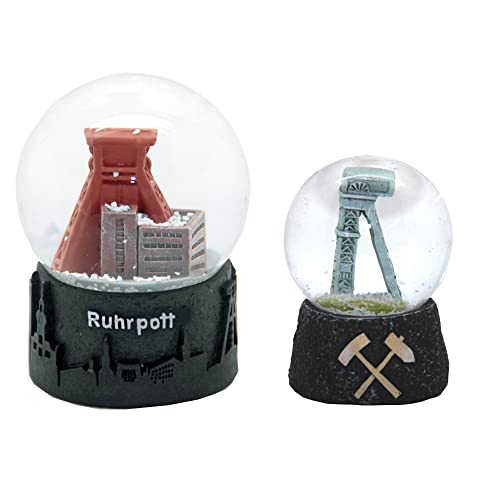 3-45-68 2 tolle Schneekugel Souvenir Ruhrpott Förderturm Kohleoptik groß und klein Reiseandenken Deutschland Mitbringsel 65mm + 45mm von Minium Collection