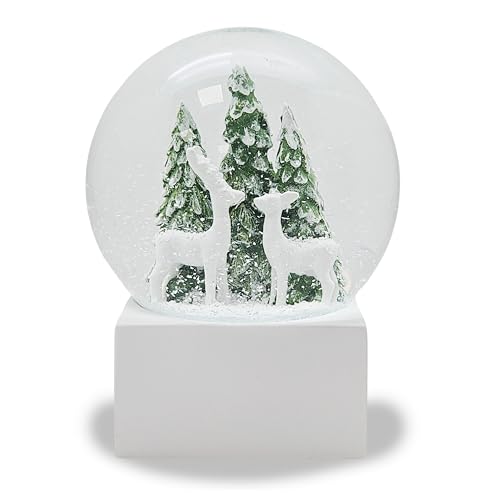 Schneekugel Weihnachten | 2 Rehe weiß vor Tannenbaum | Sockel weiß eck | Höhe 12 cm Breite 10 cm | Schüttelkugel Hüttenzauber | 20296 von Minium Collection