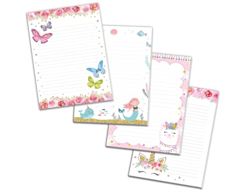 Blöcke Schreibblock Kindermotiv Notizblöcke mit Linien für Mädchen Briefbögenblock liniert (4 Blöcke: Schmetterlinge, Meerjungfrau, Lama, Einhorn mit je 25 Blätter in A5-Format) von Minkocards