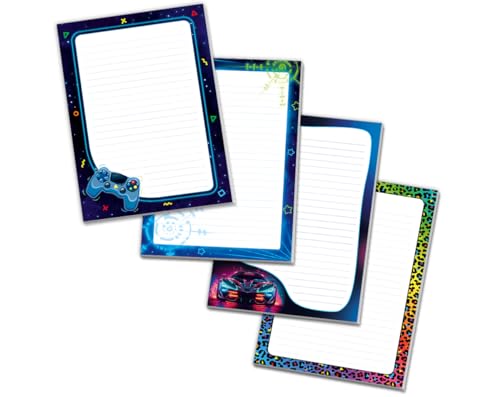 Blöcke Schreibblock mit Kindermotiv Notizblöcke mit Linien für Jungen Jungs Briefbögenblock liniert (4 Blöcke: Game, Lasertag, Rennauto, Tierenmotiv mit je 25 Blätter in A5-Format) von Minkocards